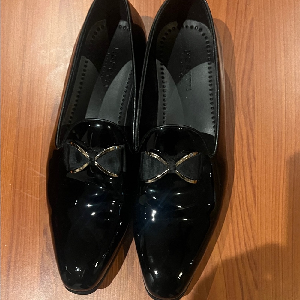NasonMoretti Men's Black Patent Loafers with Bow and Gold Accent